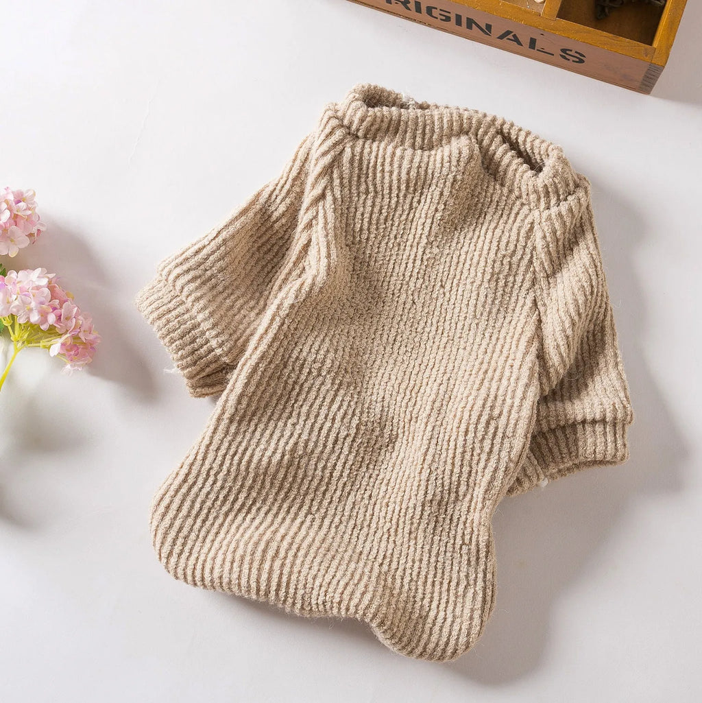 Brown knitted pullover sweater on small dog showing casual design with five size options