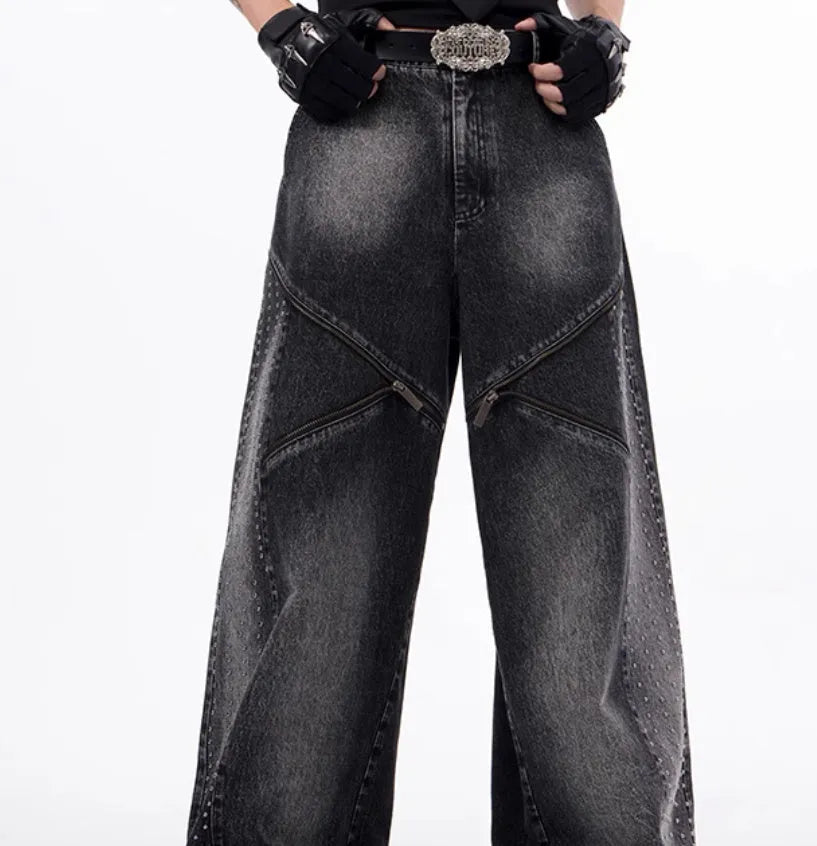 Korean style washed denim wide leg pants with matching waistcoat in black and grey