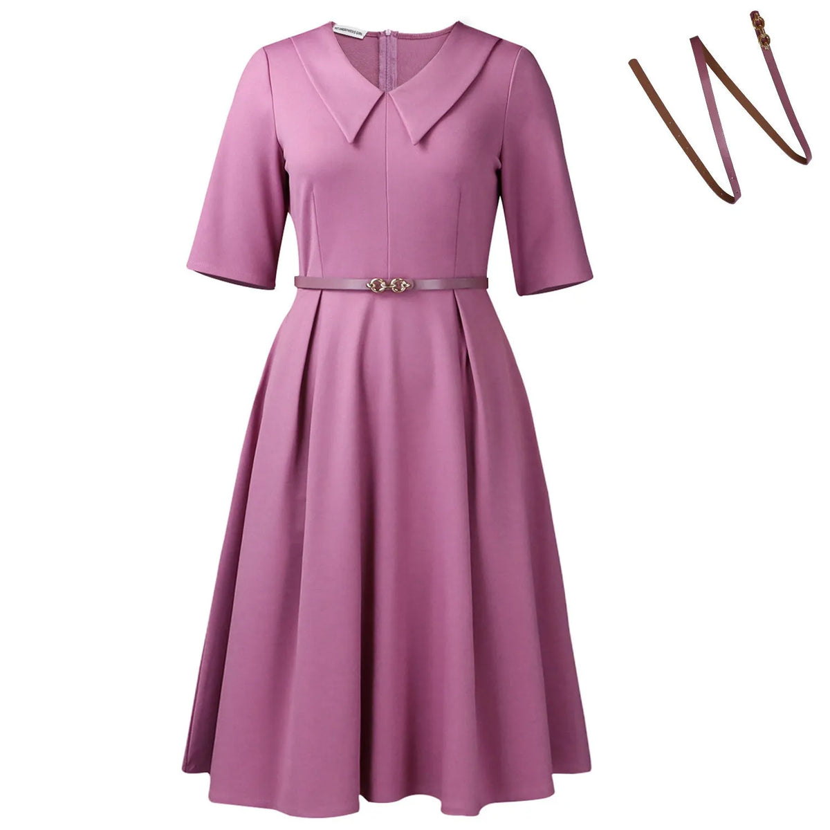 A woman wearing a solid colour African dress with half sleeves and a high waist, featuring a matching belt.