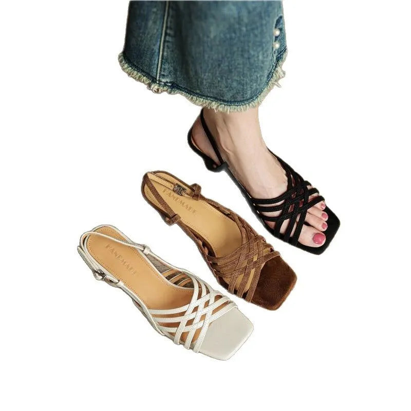 Retro soft leather thin cross straps high heel sandals with square toe and ankle buckle in beige, black, and light brown
