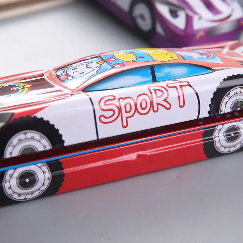 Tinplate metal stationery box with cartoon racing car design and double-layer compartments