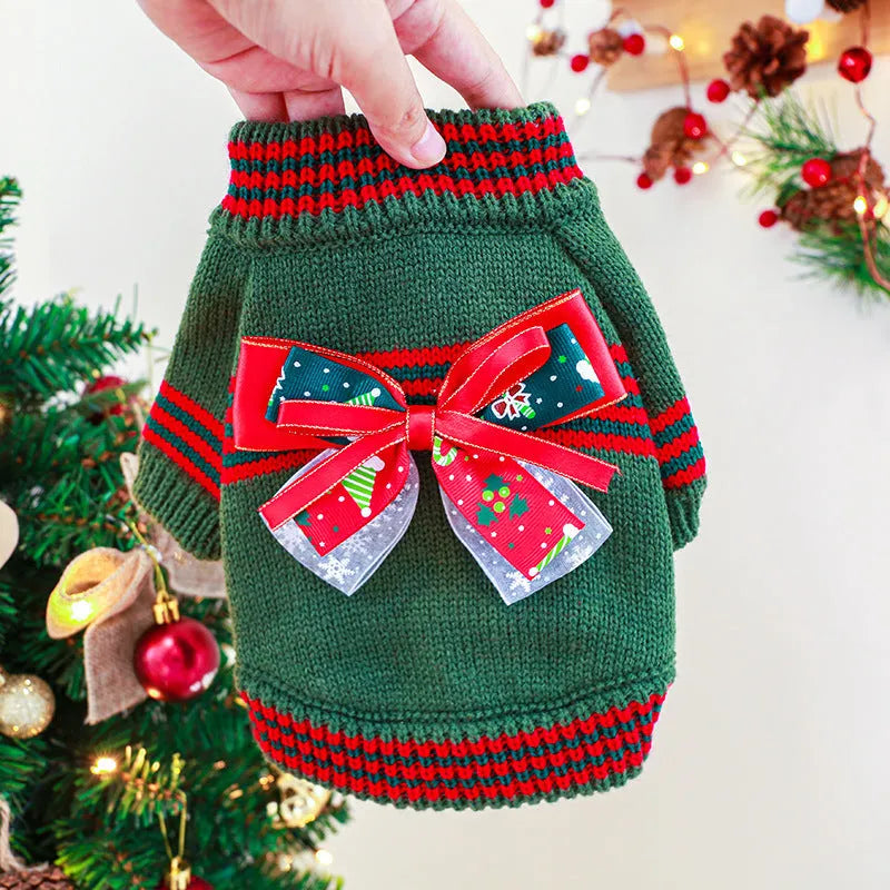 Red polyester knitted Christmas jumper for a dog, showing a simple pullover design.