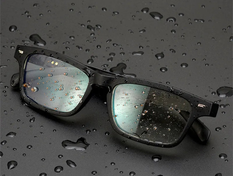 Semi-open smart glasses with PC+ABS frame, polarized anti-blue light lenses, and IPX7 waterproof rating for sports and driving.