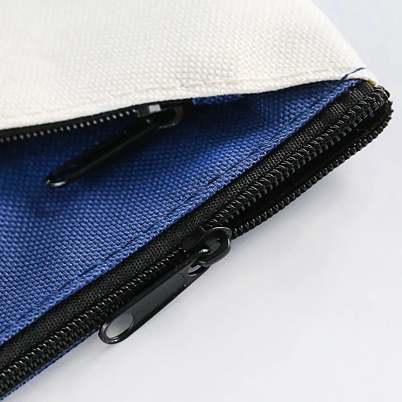 Blue Oxford cloth document storage bag with zipper closure showing A4 paper size
