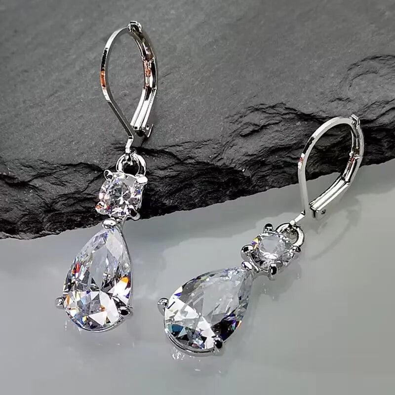 Fashion creative simple drop-shaped long earrings in white gold colour for women with diamond finish
