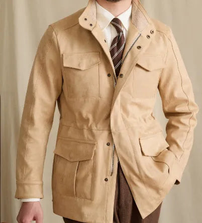 Women's faux suede cowhide safari jacket with stand collar and slim waist in coffee colour