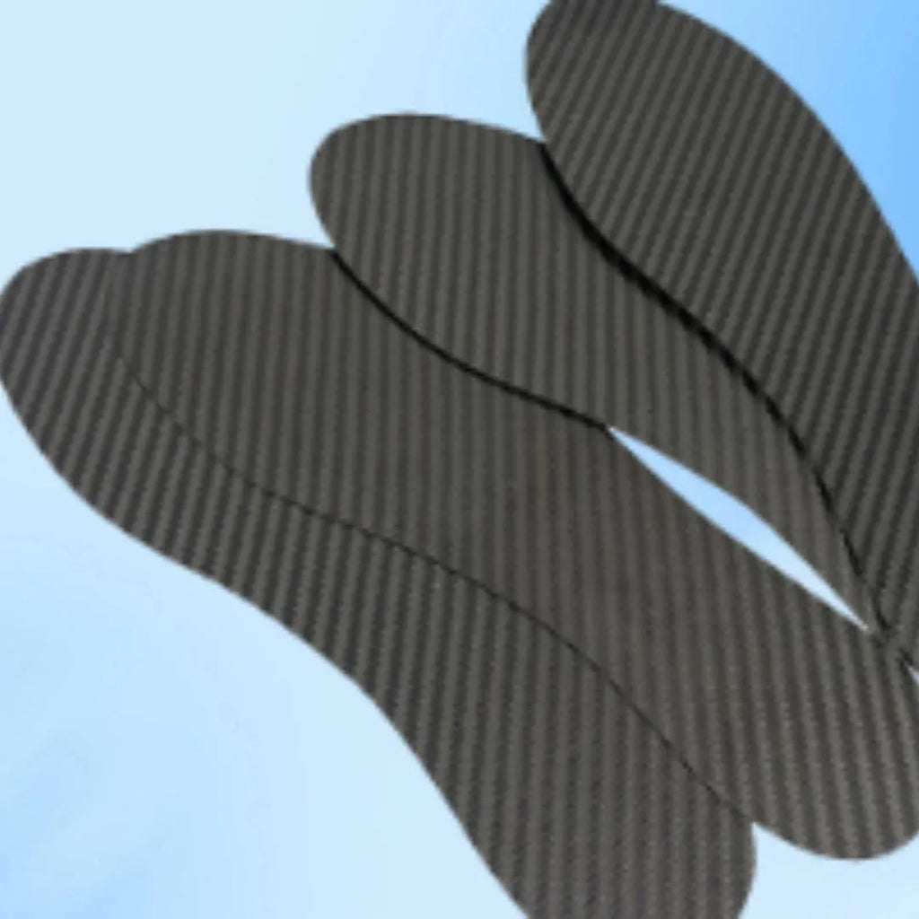Pair of black 3K carbon fibre full palm running insoles showing textured weave, with three thickness options displayed.