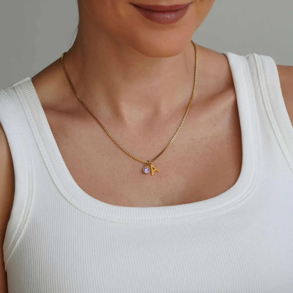 Stainless Steel Birthstone First Letter Necklace Personalised Gold or Silver Initial Pendant with O-Ring Chain and Electroplated Finish for Monthly Birthstone Customisation Jewellery Gift Options A B C D