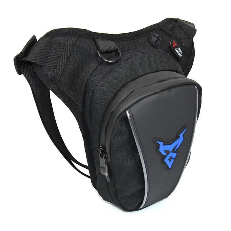 Motorcycle rider crossbody leg bag in blue made from durable 1200D Oxford cloth.