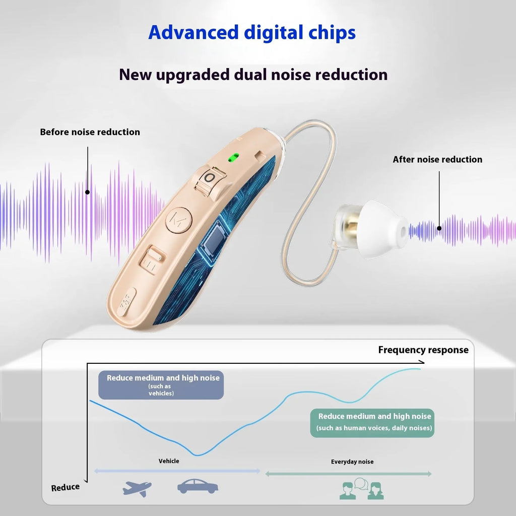 Hearing aid for elderly in silver with USB charging port and noise reduction feature