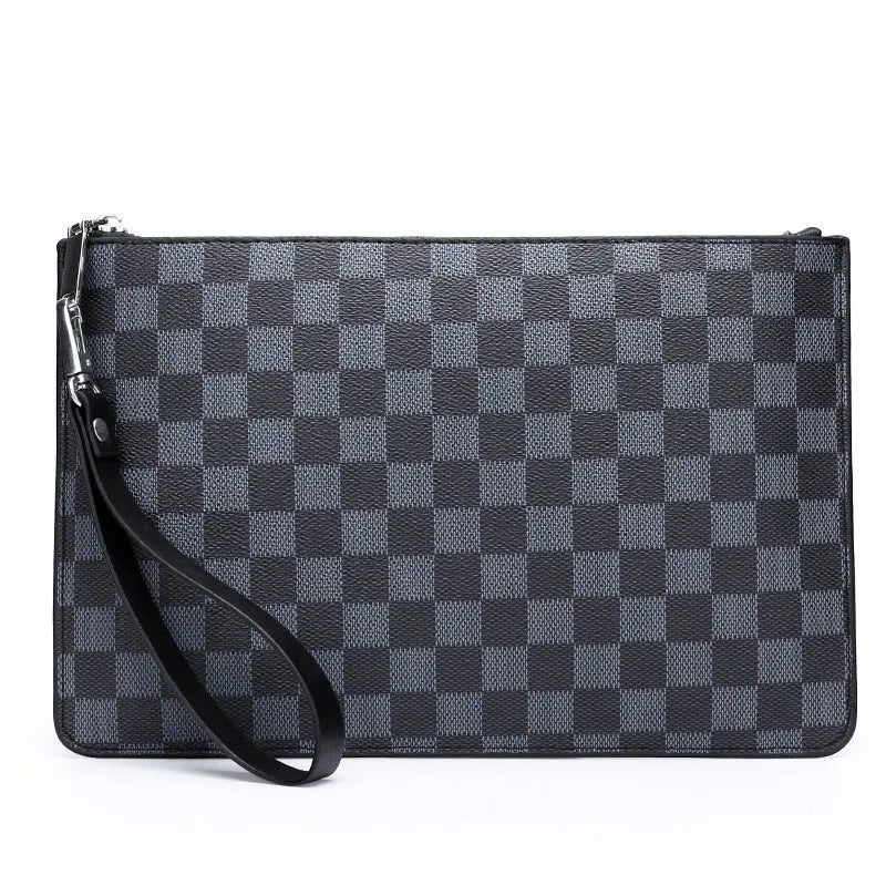 Men's black checkered PU leather clutch wallet with six card slots and zipper pocket