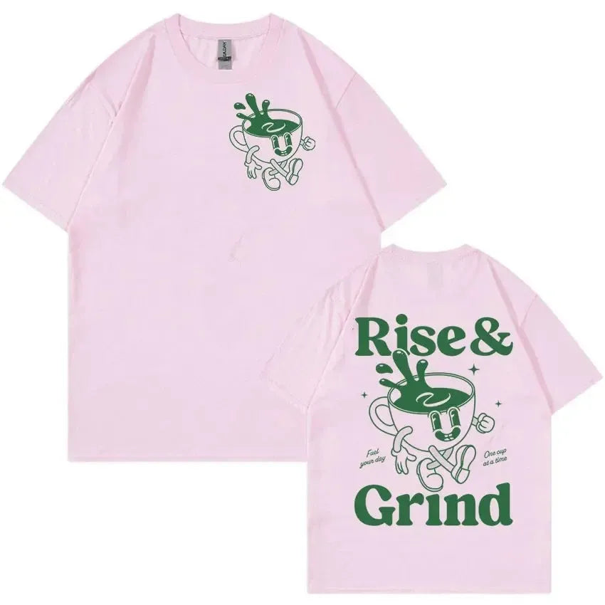Loose fit linen T-shirt with Rise and Grind text and green coffee cartoon print on chest.
