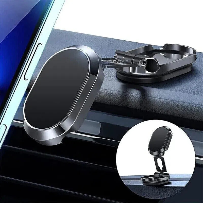 Chrome alloy folding magnetic car phone holder with 360-degree rotation on dashboard