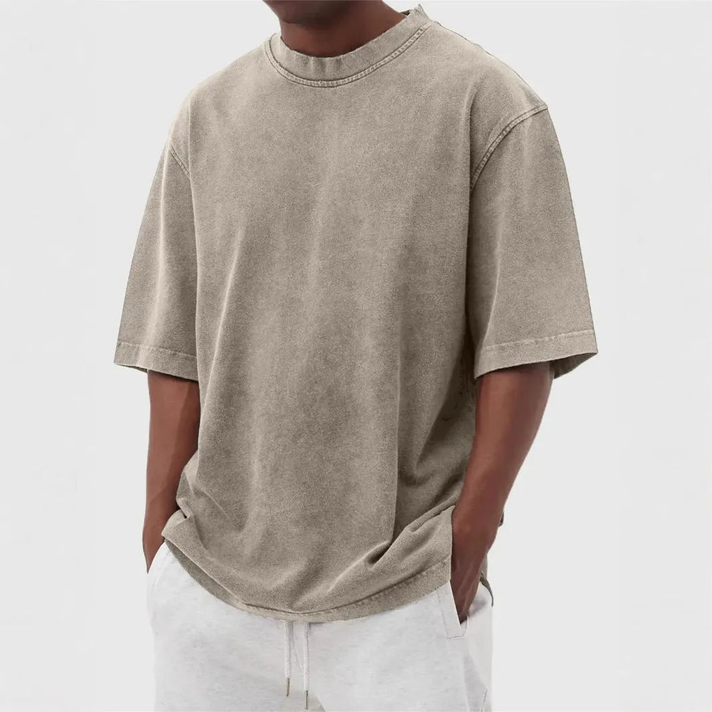 Men's loose stone-washed polyester pullover t-shirt in army green.