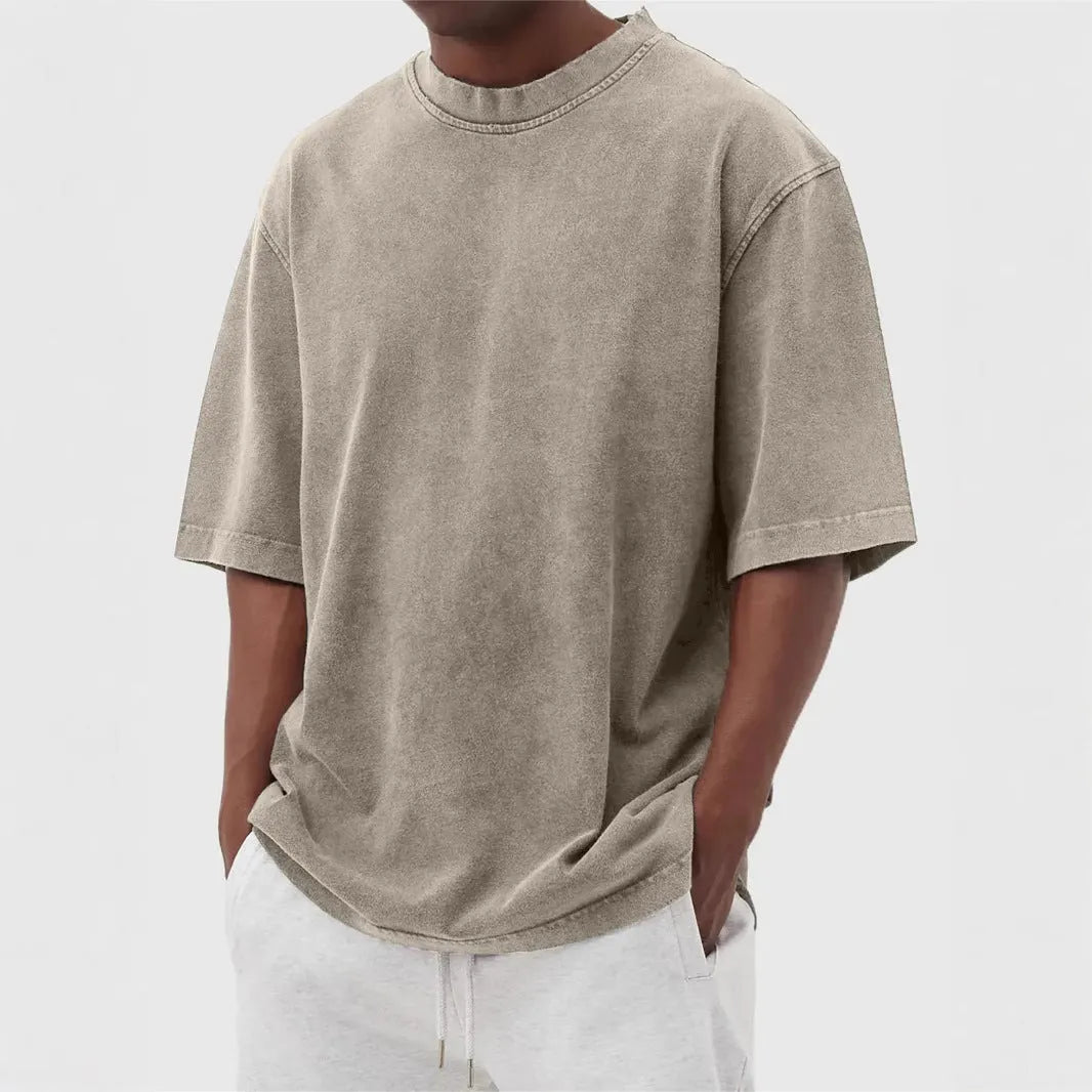 Men's loose stone-washed polyester pullover t-shirt in army green.