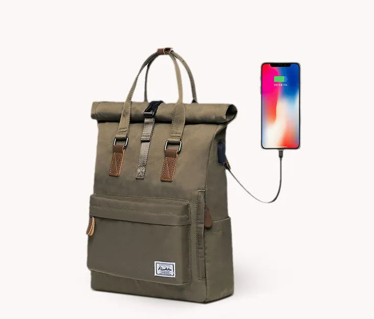 Casual black polyester backpack with cover flap open, showing interior laptop sleeve and zipper pocket.