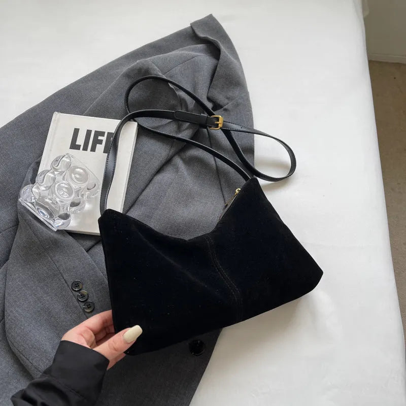 Retro soft PU underarm bag bucket shape with sandwich pocket sewing line detail black brown coffee colours