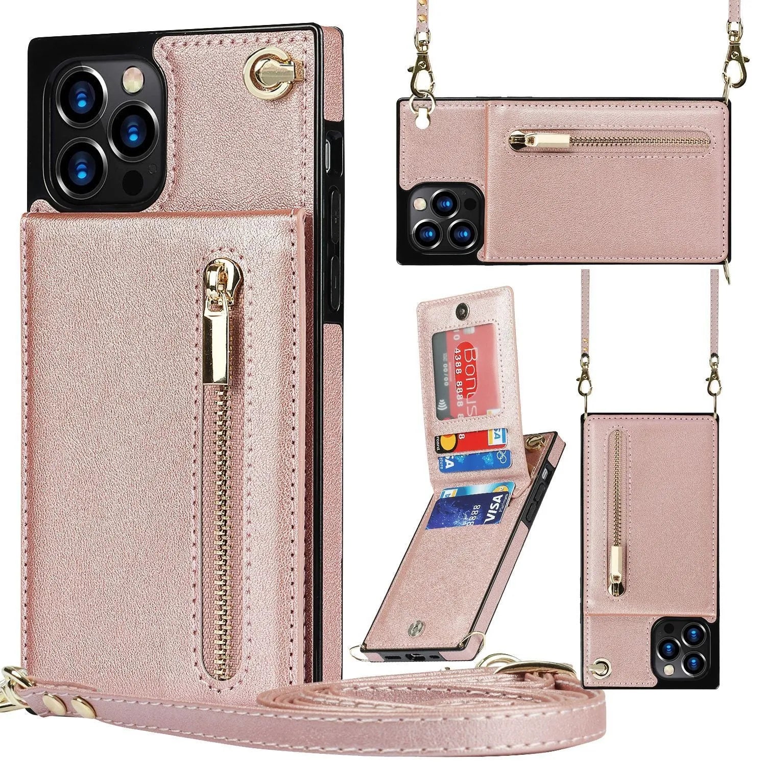 Genuine leather mobile phone case for Samsung and iPhone models in black, green, purple, red, and rose gold colours.