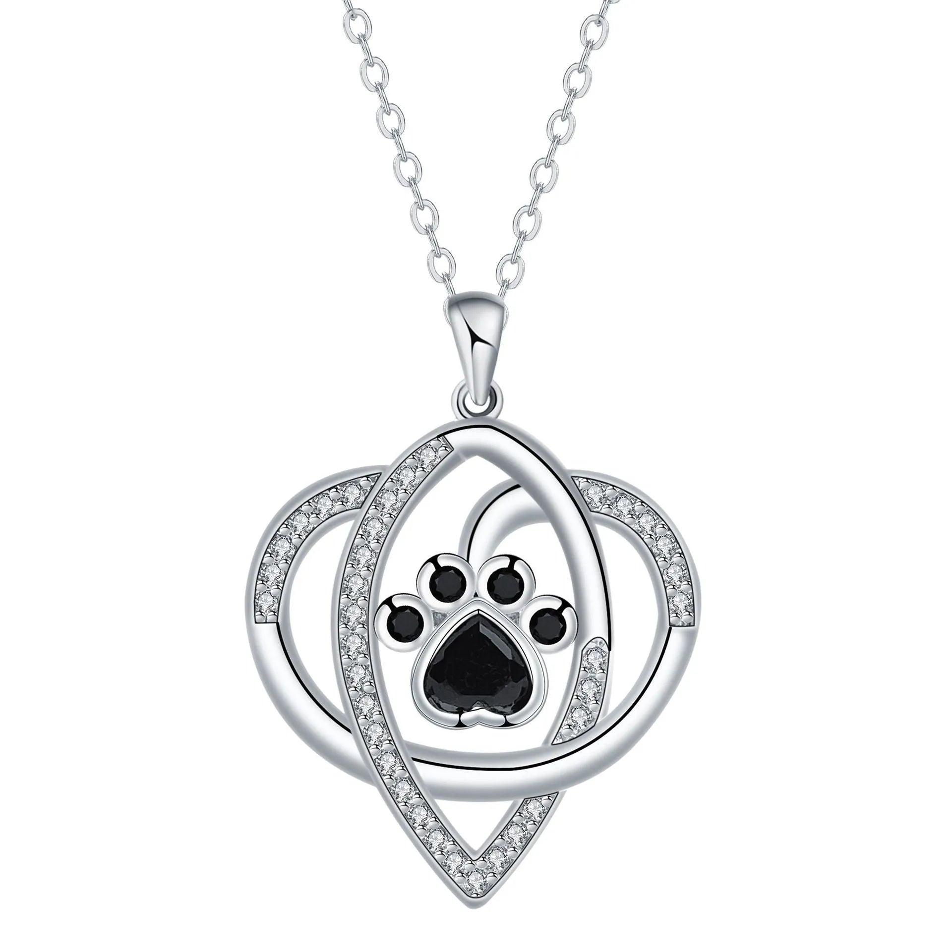 Women's copper necklace with dog and cat paw print pendant on cross chain.