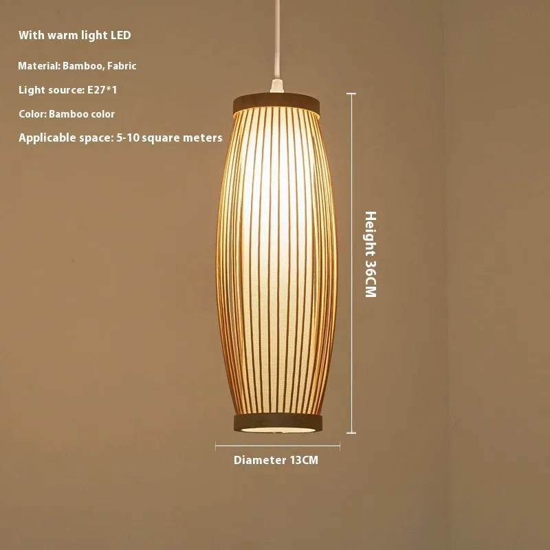 Bamboo woven dining room lantern chandelier New Chinese style with warm and white LED 300mm
