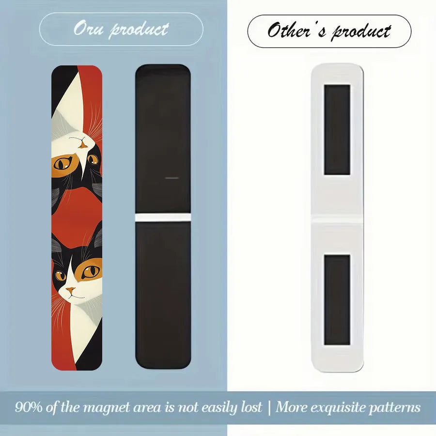 Set of 5 magnetic bookmarks with simple cute cat design in homemade style, displaying cartoon cat faces on colourful backing