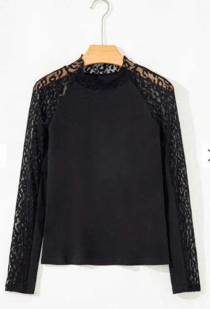 Black leopard print mesh stitching knitted long-sleeved top for women, front view