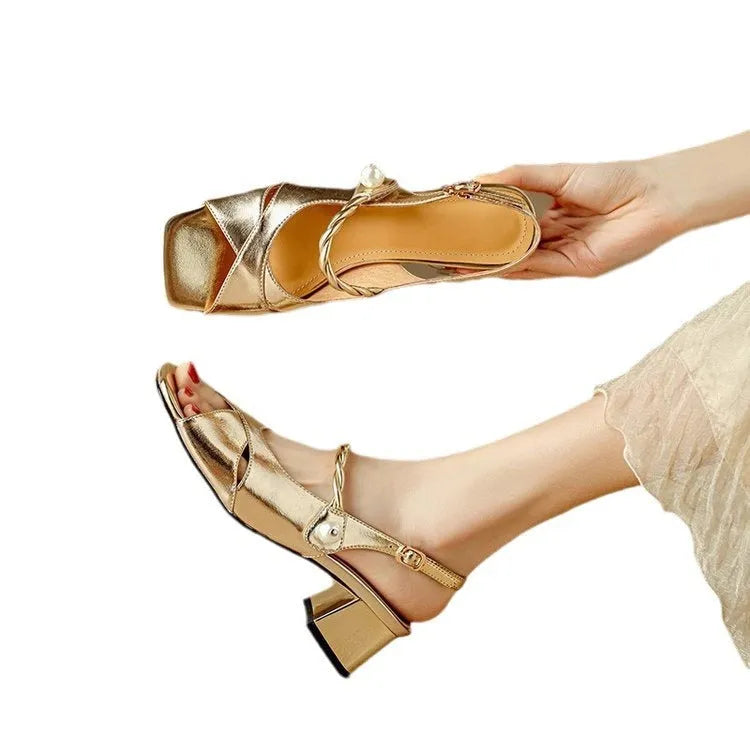 Women's French style open toe high heel sandals with buckle and fish mouth square toe in gold or silver, sizes 34-40