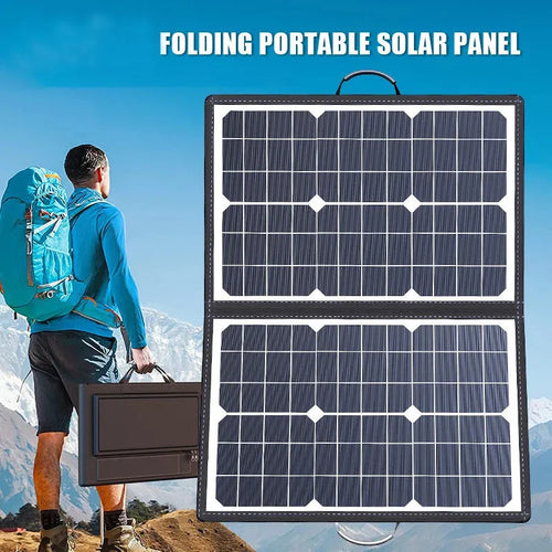 Black folding bag containing 40W single crystal solar panel for outdoor charging