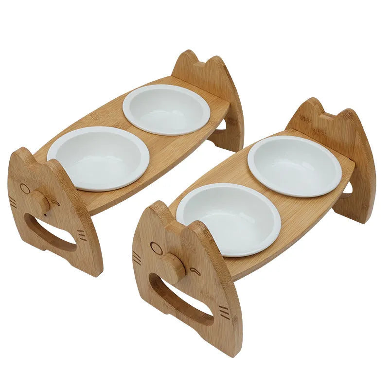 Height adjustable bamboo and ceramic double pet bowl stand with wooden frame, original wood colour, suitable for cats and dogs