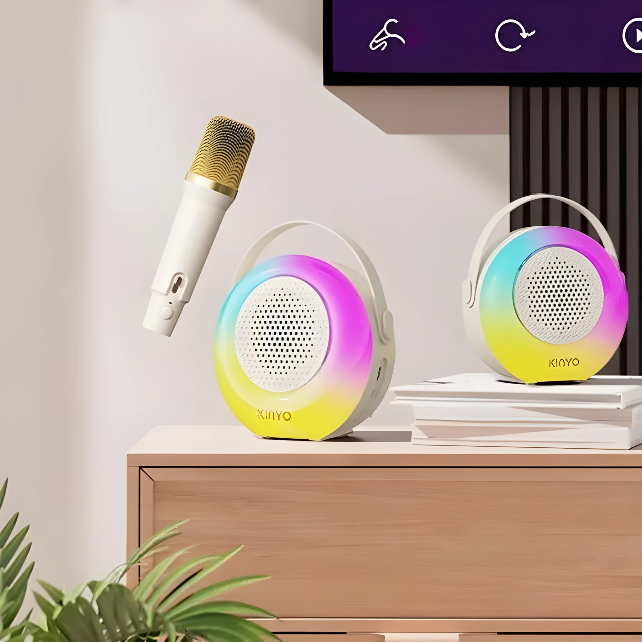 K38 creamy white Bluetooth karaoke speaker with two microphones for portable singing