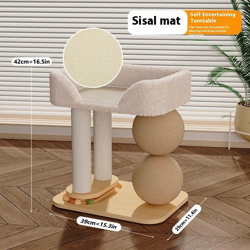 Pine wood cat bed with two sisal-wrapped scratching posts and dual ball toppers