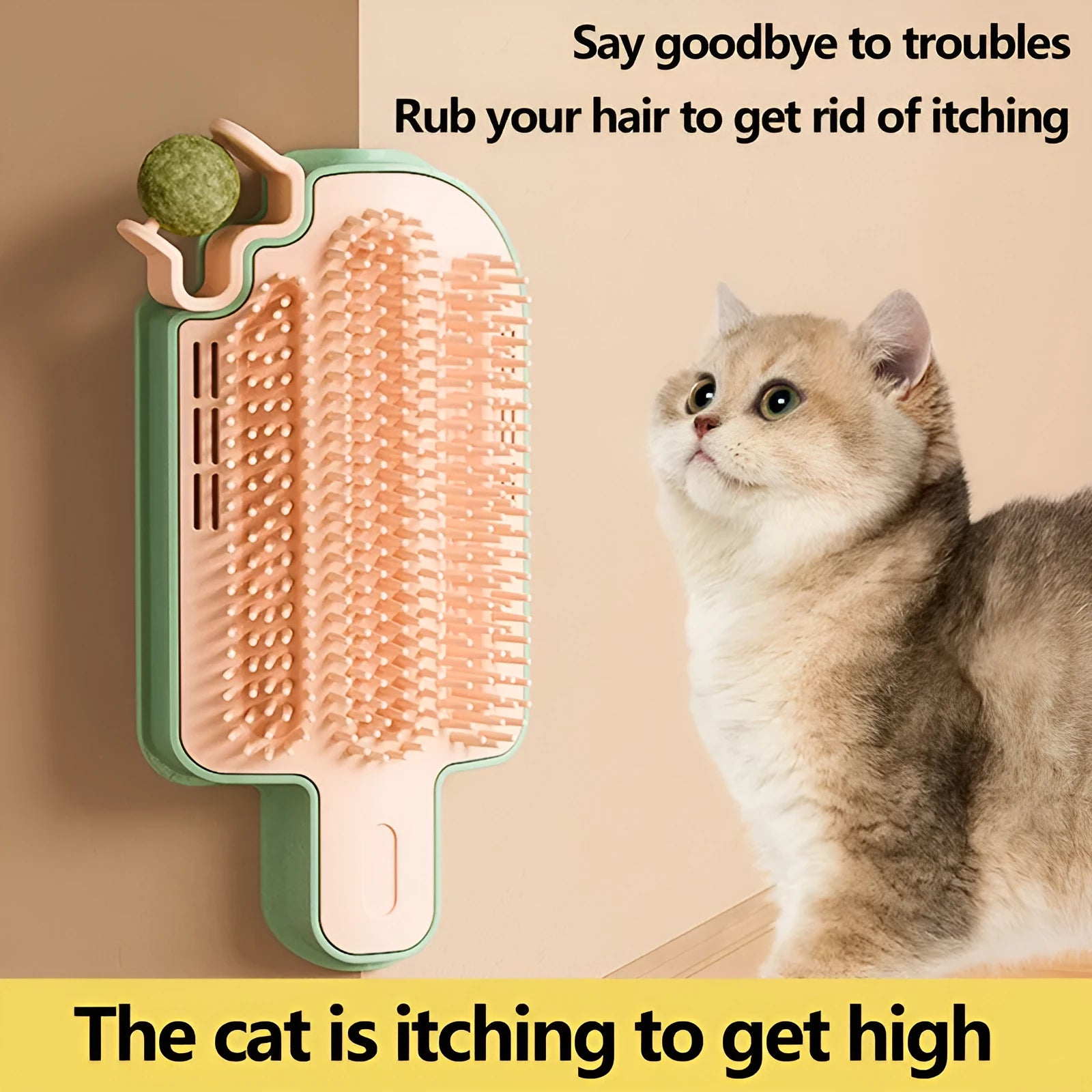 Ice cream cone shaped cat grooming toy with rubbing corner, mint ball and feather attachments