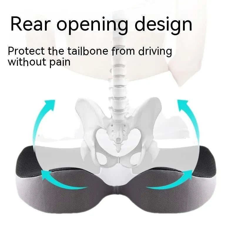 Curved bevel seat cushion in beige colour on a car seat, designed for tailbone support.