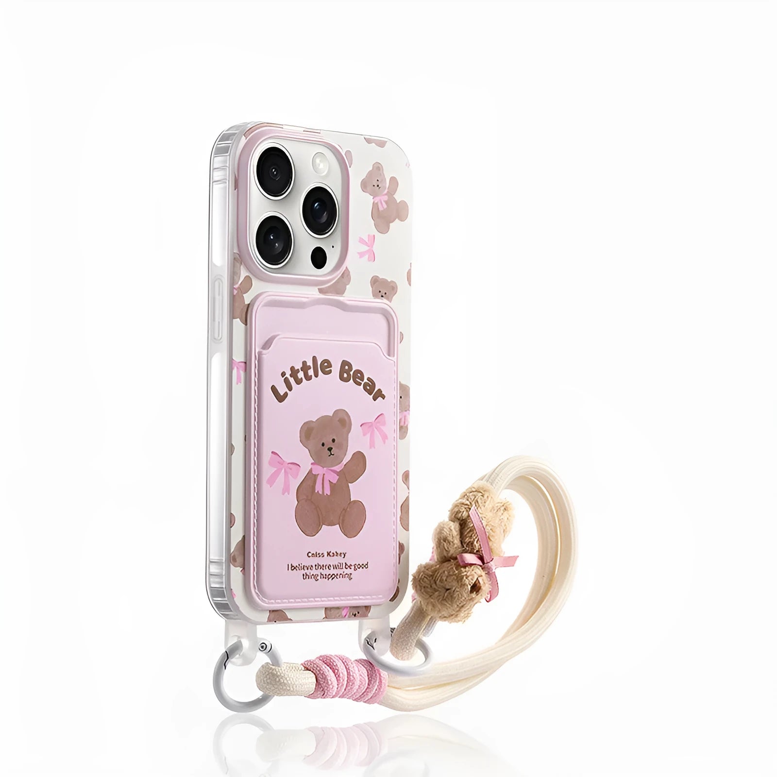 Pink graffiti bear plastic card holder phone case with lanyard for iPhone 12-16 series