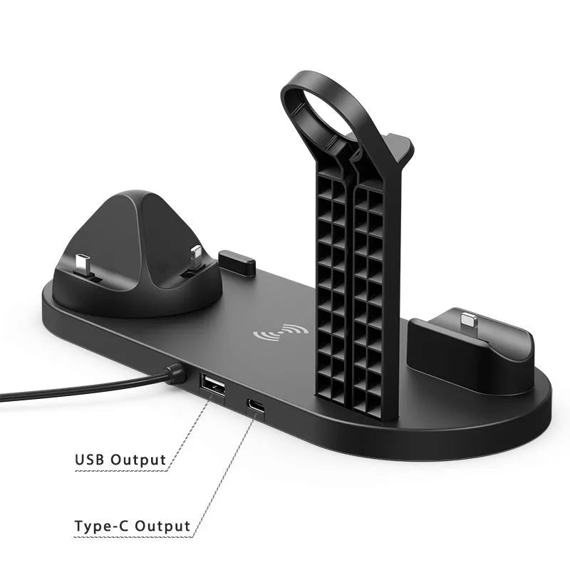 Black dual charging stand with wireless phone charger and wired base for headphones.