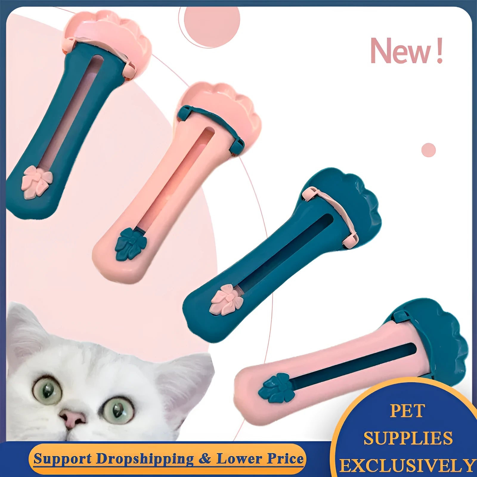 Green and pink pet feed spoon with squeeze mechanism for dispensing liquid food and treats