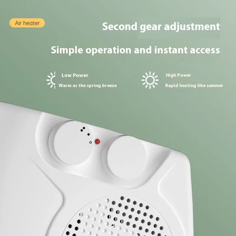 White compact desktop electric heater with power adjustment and two-speed fan control