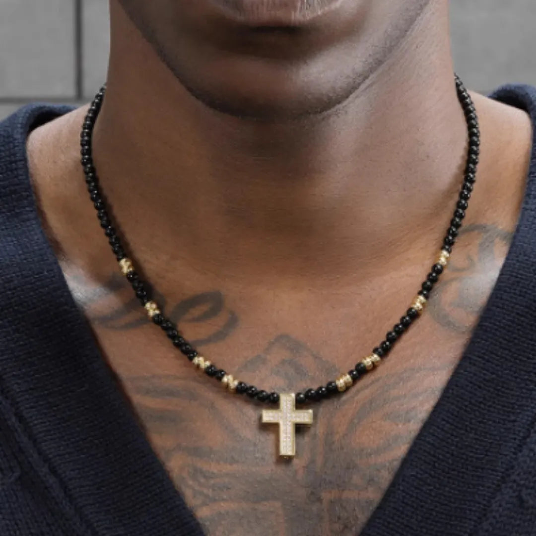 Men's hip-hop retro black agate cross necklace with 8cm extension chain in 45cm or 50cm length