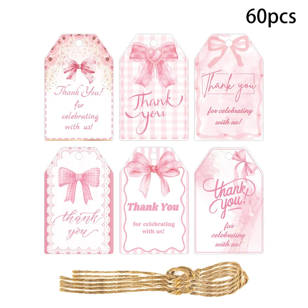 Set of 60 birthday party gift label tags with hemp rope in three bowknot design styles.