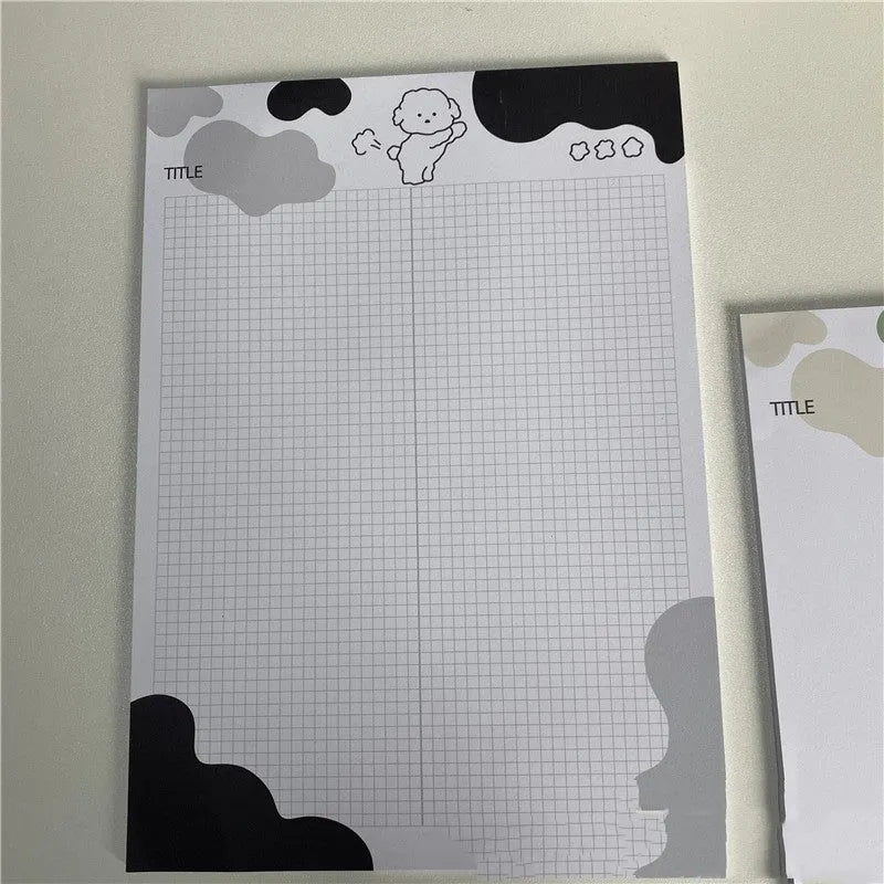 B5 sticky note pad with Korean PP puppy illustration on purple cover, showing 30 sheets of double-tape paper