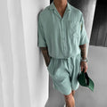 Men's casual polo collar short sleeve shirt and shorts suit in polyester fibre, apricot colour, front view