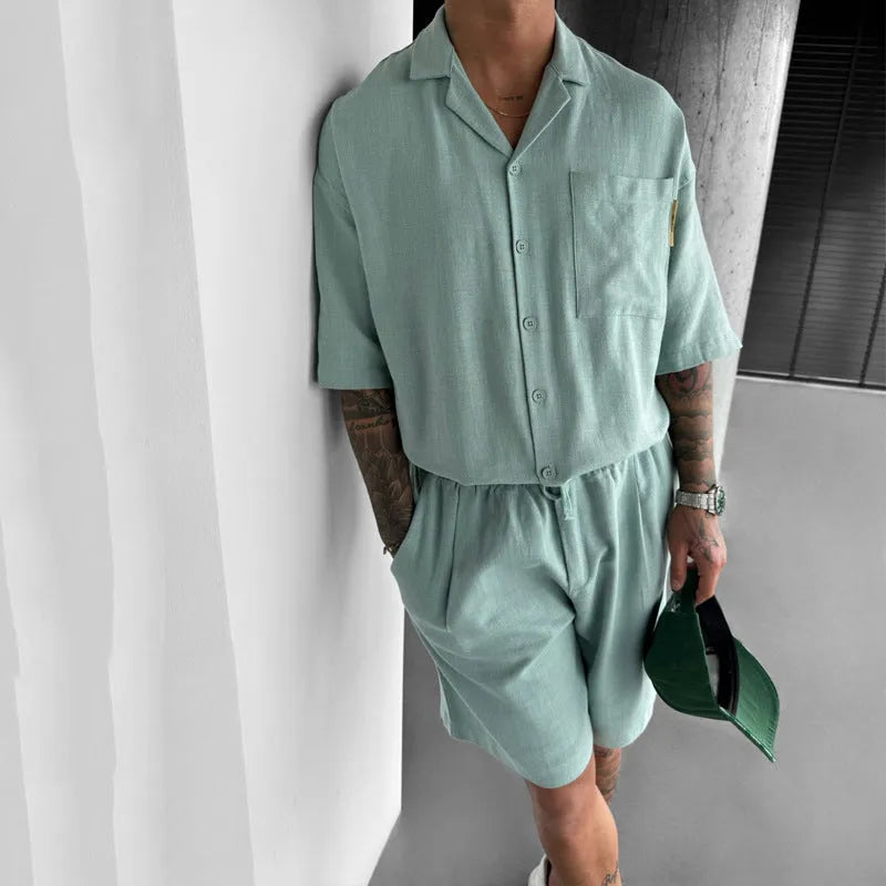 Men's casual polo collar short sleeve shirt and shorts suit in polyester fibre, apricot colour, front view