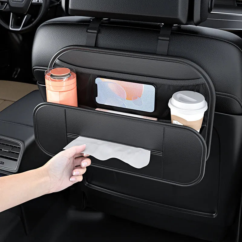Black leather car seat rear storage bag organiser with 36x8x24cm dimensions