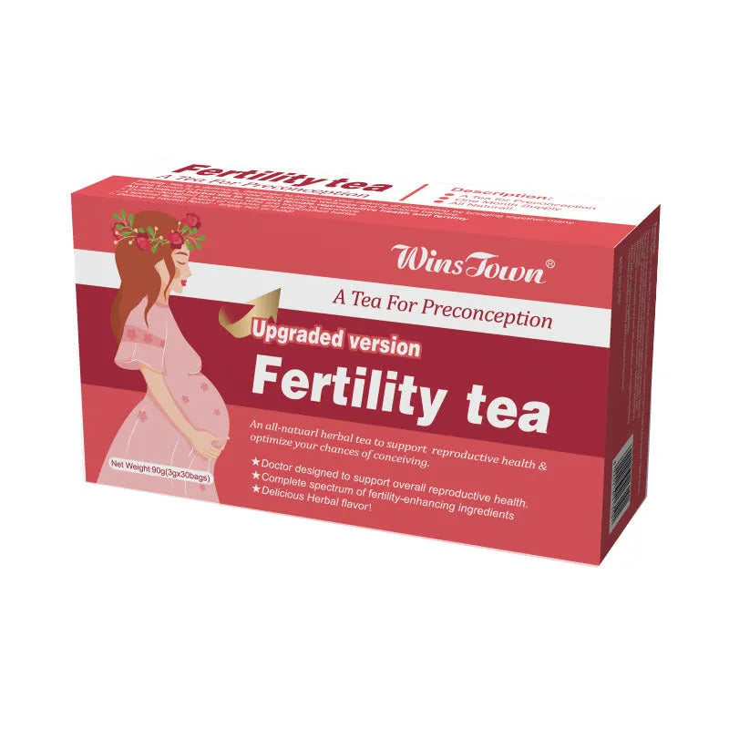Box of fertility supplement tea containing 30 individual tea bags, part of a 3-box pack.