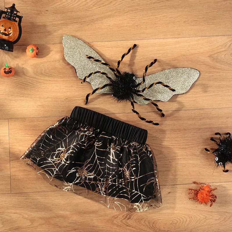 A dog wearing a Halloween costume suit in sizes from small to extra large.