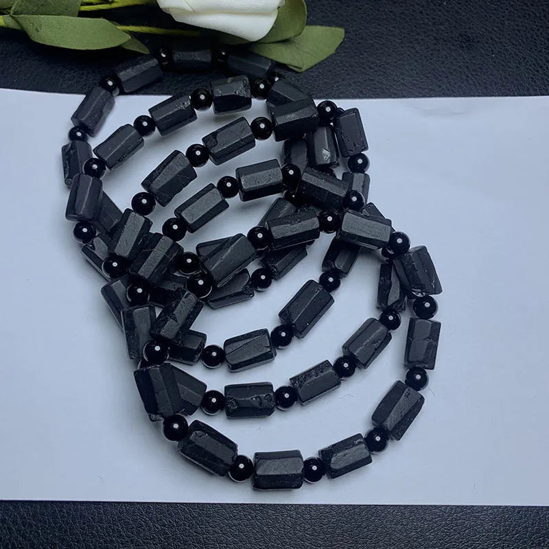 Natural black tourmaline rough stone unisex bracelet on adjustable cord