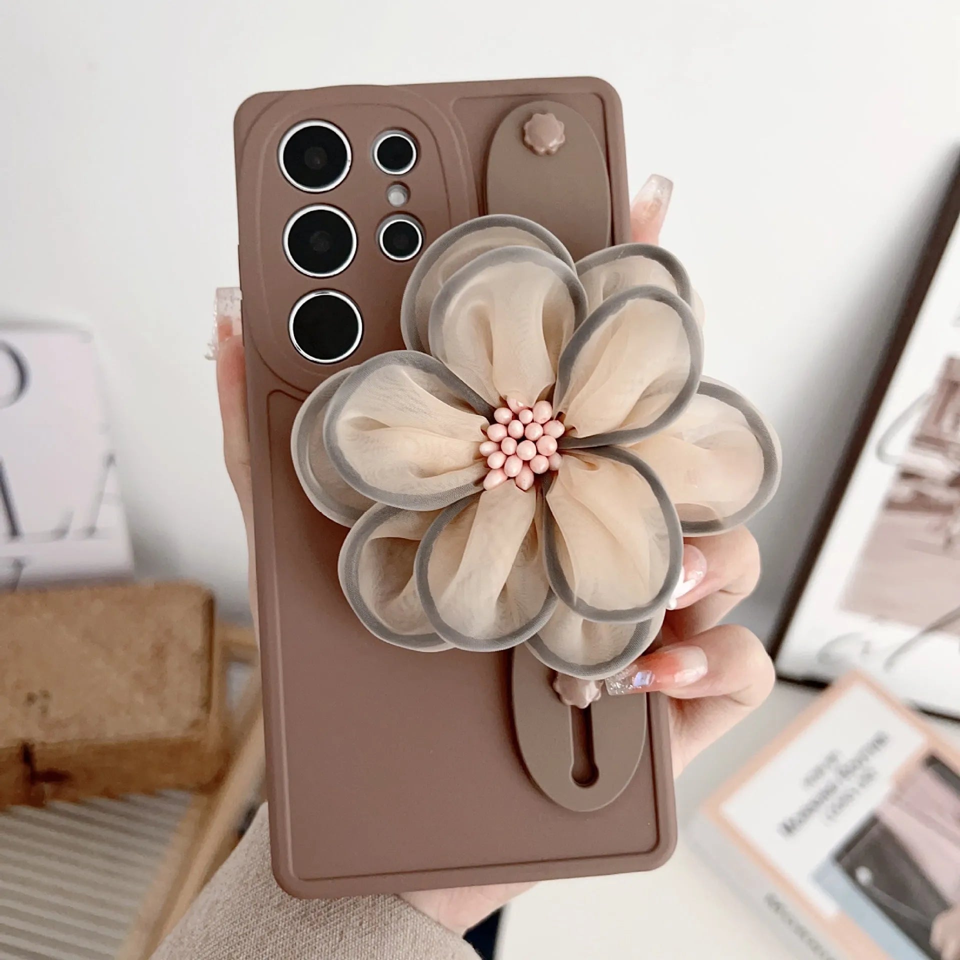 Silicone wrist strap bracket phone case for Samsung in frosted finish, brown colour