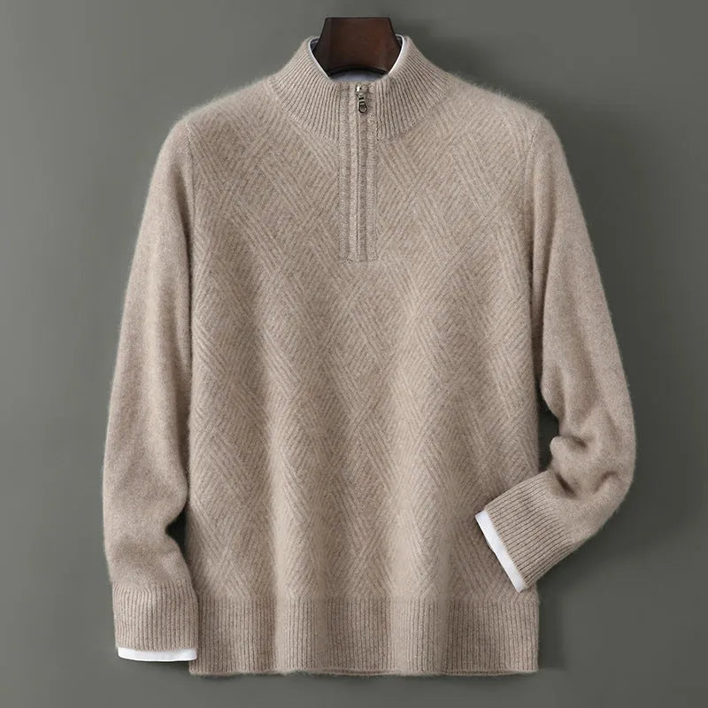 Half turtleneck zipper design pure wool knit bottoming shirt in beige colour, loose fit pullover style