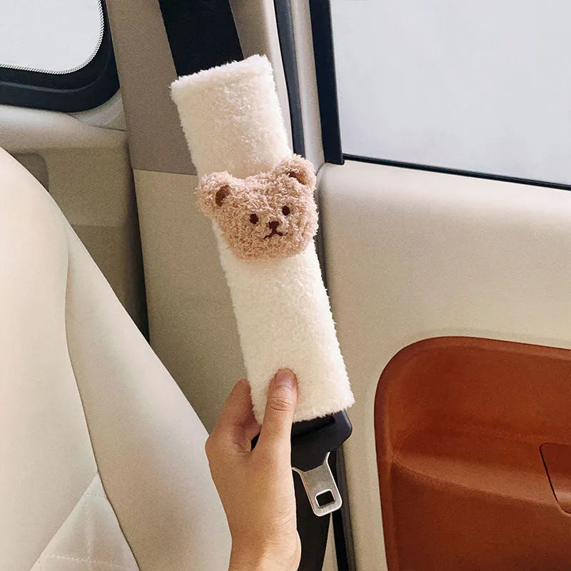 Khaki cartoon bear plush seat belt cover protector for baby car seat safety