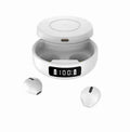 Black, white and coloured mini semi-in-ear wireless headphones with charging compartment